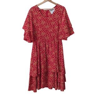 Stanley Sherman Saks Fifth Ave Womens Dress 12 Silk Flutter Red Floral Ditsy VTG